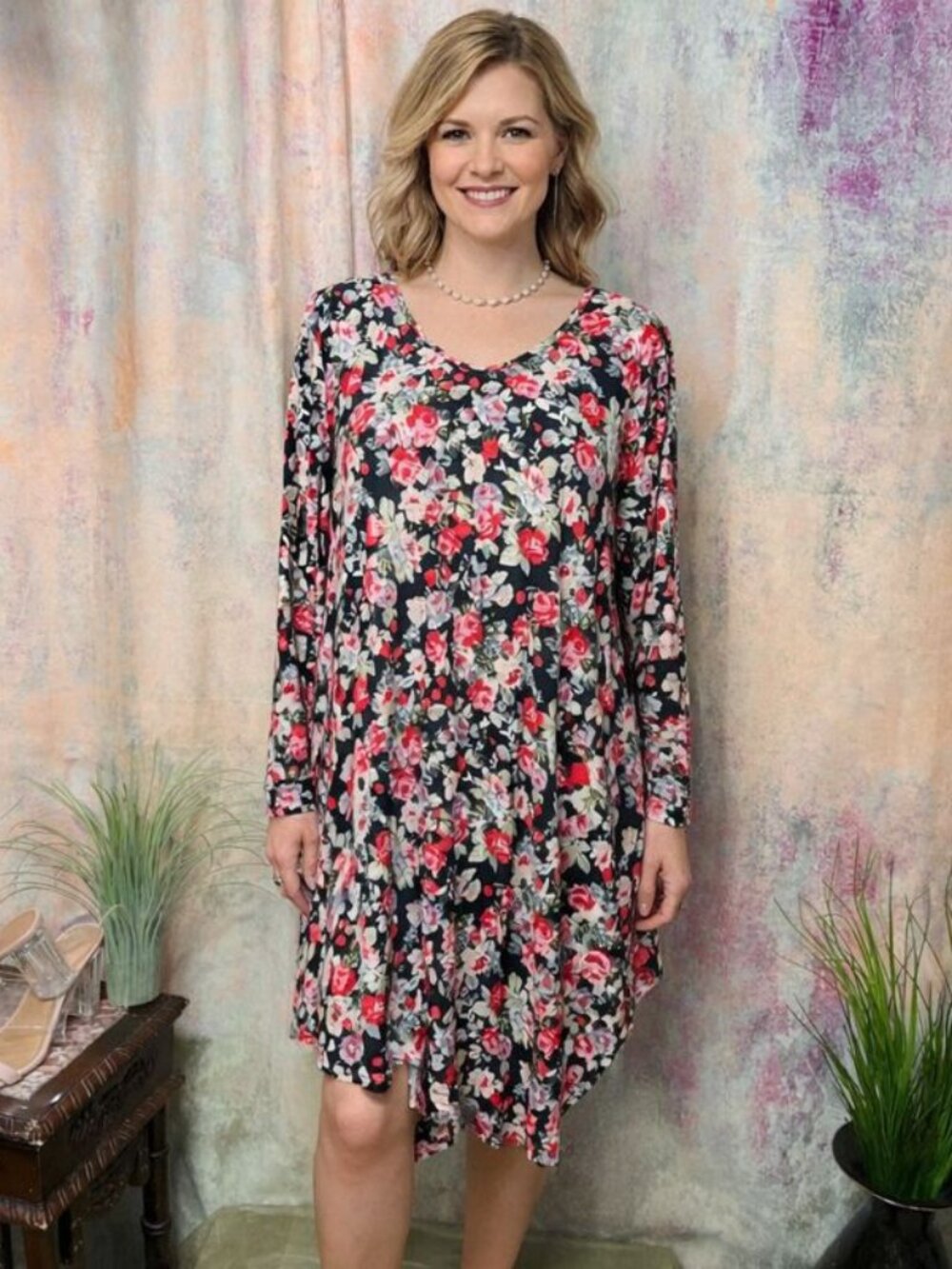 📌JollieLovin Lovely Asymmetrical Swing Long Sleeves  Shirt Dress with Roses
